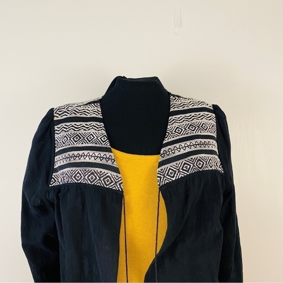 TRIBAL linen jacket embroidered black and white bohemian tassels textured large - Picture 2 of 15